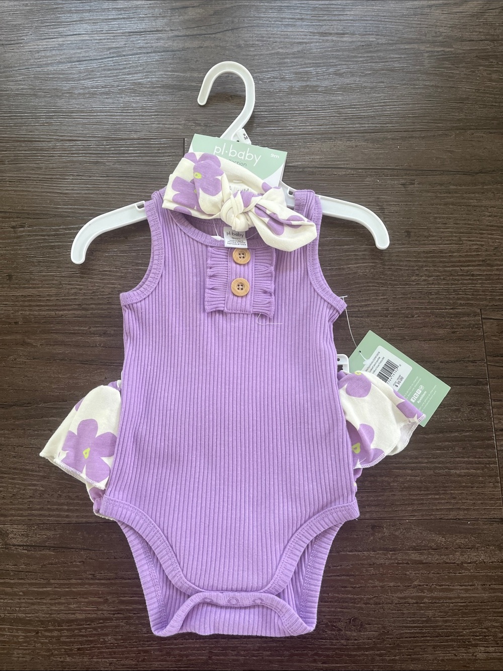 pl-baby Purple Ribbed Baby Girls Ruffled Bodysuit with Floral Headband